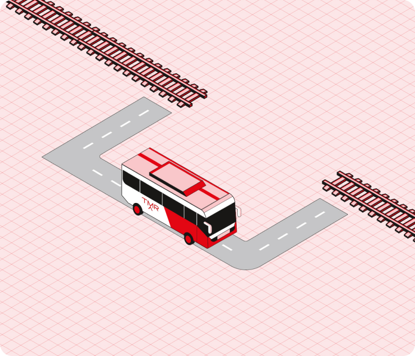 Illustration isométrique d'un bus TMR reliant deux tronçons de voie ferrée