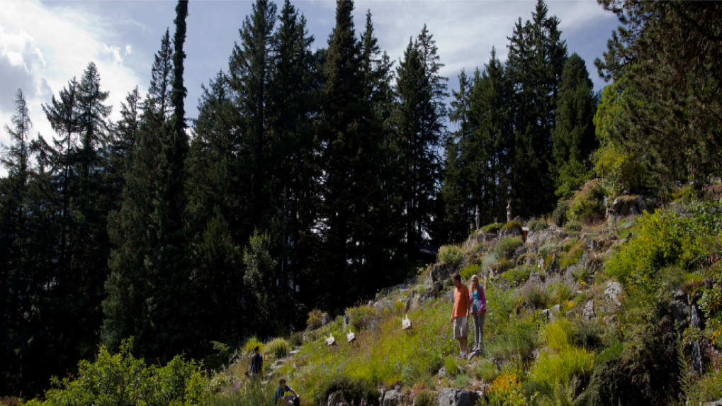 Wandernde auf einem Bergweg oberhalb des Wallis